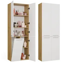 Badezimmerschrank NEL 1K DD mit Wäschekorb in Eiche Artisan und Weiß