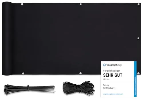 Sekey Balkon Sichtschutz PES Blickdichte Wetterfest Windschutz für den Gartenzaun oder Balkon, Schutz vor neugierigen Blicken, mit Ösen, Nylon Kabelbinder und Kordel, 0.9×3m Schwarz