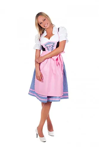 Bayerische Damen Midi Dirndl Kleid 3-teilig - Elegantes Dirndl in harmonischem blau-pink, inkl. Bluse und Schürze. Aufwendig verziert, mit verstellbarem Ausschnitt und praktischem Reißverschluss, ideal für festliche Anlässe.