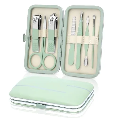 Maniküre Set – Edelstahl Nagelknipser & Nagelhautentferner – 7-in-1 Pediküre Set mit Nagelhautschere, Cuticle Remover für eingewachsene Zehennägel und dicke Nägel (Grün)