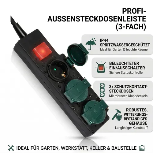 Steckdosenleiste 3-fach Außen Garten IP44 Spritzwassergeschützt Schalter 3m