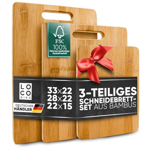Loco Bird Schneidebretter 3er Set - Antibakterielle Bambusqualität - Schneidebretter aus hochwertigem Bambus, antibakteriell und ideal für hygienisches Kochen in jeder Küche.