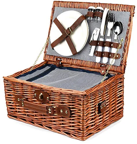 Bingo-Shop Picknickkorb für 2 Personen mit Kühlfach - Inklusive Bestecksets, Kühlfach, Korkenzieher und Keramikteller - 26 x 18 x 38 cm Picknickkoffer Picknickset Picknick Korb