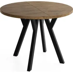 Runder Ausziehbarer Esstisch im Loft-Stil – Verlängerbarer Tisch mit Schwarzen Holzbeinen – Platzsparender Esstisch für Wohnzimmer – Eiche ... - Braun