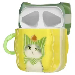 kwmobile In-Ear Kopfhörer Case für Apple Airpods 1 & 2 Hülle mit Karabiner - Headphones Case - Earphones Cover Etui - Katze & Kastanie - Grün