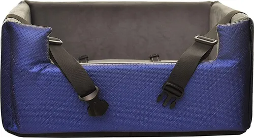 BoutiqueZOO Hundesitz Auto L 57x50x25 cm | r Autositz für Hunde & Katzen | Kunstleder | Mit Kissen & Leinen | BLAU Metallic