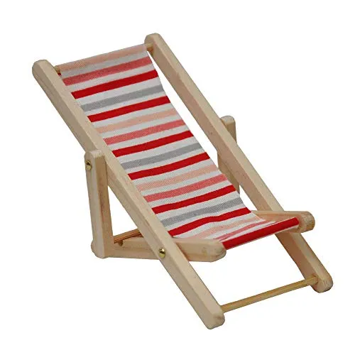Produktbild Melody Jane Puppenhaus Miniatur Holz Rosa und Rot Streifen Klappbarer Liegestuhl