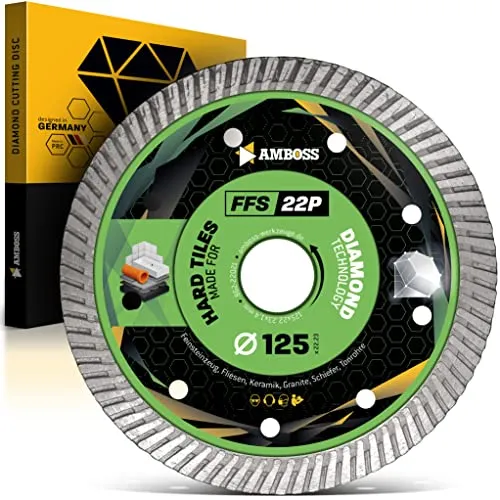 Amboss FFS 22 - Diamant-Trennscheibe Ø 125 mm x 22,2 mm - Hartes Feinsteinzeug (bis 1,2 cm) / harte Granite/Schiefer/Fliesen/Tonrohre/Fiberglas | Segmenthöhe: 10 mm