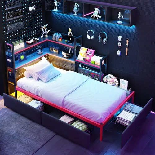 okwish Schlafsofa 90x200 mit LED-Beleuchtung und USB-Anschlüssen - Praktisches Funktionsbett mit cleverem Stauraum: 3 Schubladen und 2 Seitenregale bieten Platz für alles Wichtige. Integrierte LED-Beleuchtung schafft eine moderne Atmosphäre, ideal für kleine Räume und Gaming-Enthusiasten.