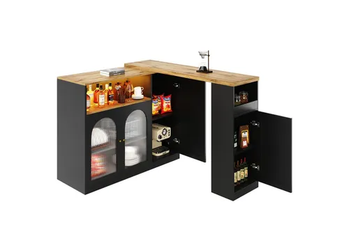 MODFU Bartisch 360°-Rotationsdesign (Stehtisch Bistrotisch, Ausziehbarer Esstisch, 1-St., 4 Türen, 2 offene Fächer), mit Schreibtisch in Holzmaserung und LED-Licht