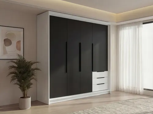 A&J MöbelLand Drehtürenschrank 4-türig mit Schubladen und Metallgriffen - Geräumiger 4-türiger Kleiderschrank mit praktischen Schubladen und eleganten Metallgriffen. Bietet viel Stauraum für Kleidung und Accessoires – ideal für jedes Schlafzimmer!