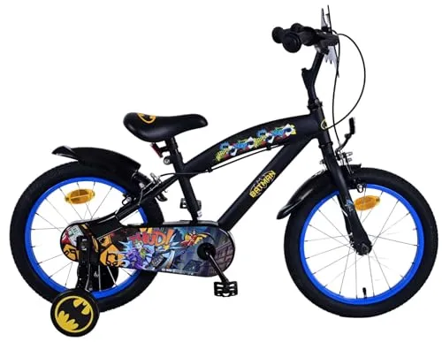 VOLARE Kinderfahrrad Batman 16 Zoll - Jugend- & Kinderfahrräder: Sicheres Fahren mit zwei Handbremsen und abnehmbaren Stützrädern. Höhenverstellbarer Sattel und stabiler Rahmen für jahrelangen Fahrspaß!