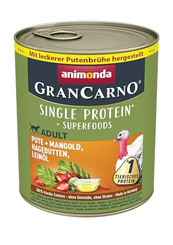 GranCarno Hunde Nassfutter Superfoods Pute + Mangold (6 x 800g) - Getreidefreies Hundefutter mit regionalen Superfoods, fördert Gesundheit und Vitalität für ausgewachsene Hunde