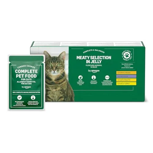 by Amazon Katzenfutter, nass, getreidefreies, für ausgewachsene Katzen, Fleischauswahl in Gelee, 4,8 kg (48 Packungen à 100 g)