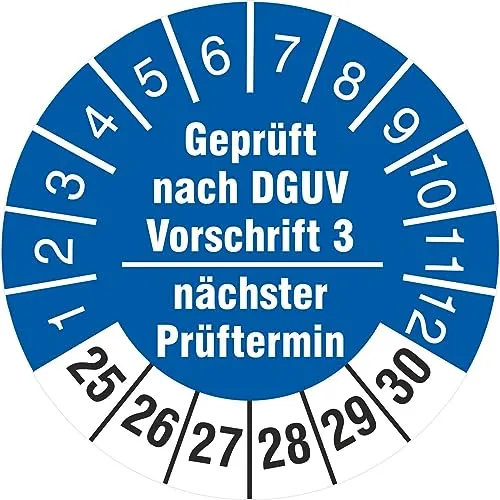 Prüfplaketten 18 mm geprüft nach DGUV Vorschrift 3 nächster Prüftermin 2025-2030 Prüfetiketten 200