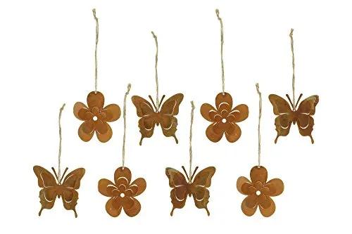FRANK FLECHTWAREN Aufhänger 8er Set Metallblume Ø8 cm Schmetterling Ø9 cm Dekohänger rostoptik Hanfschnur rustikaler Look