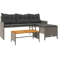 vidaXL L-Form Gartensofa mit Tisch und Kissen - Grau Poly Rattan - Gartenmöbel für entspannte Stunden im Freien: Bequemes 3-Sitzer-Gartensofa aus langlebigem PE-Rattan mit abnehmbaren Kissenbezügen und stabiler Tischplatte aus Akazienholz.