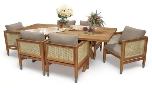 Gartenmöbel Garnitur Esstisch Holz mit 6 Stühlen - Stilvoll und Modern - Elegante Gartenmöbel für 6 Personen, bestehend aus einem Esstisch und 6 Stühlen. Robustes Holzmaterial, ideal für gesellige Abende im Freien. Maße: Tisch 230x108x75 cm, Stühle 64x64x70 cm. Perfekt für den Außenbereich.