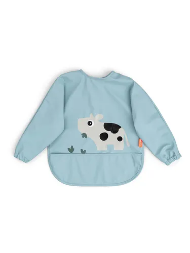 Done by Deer Ärmeltaschen-Lätzchen Tiny Farm Blau - Fütterlätzchen für Babys, langärmelig mit wasserabweisender Oberfläche und Auffangtäschchen, OEKO-TEX® zertifiziert und ideal für saubere Mahlzeiten. Zweifach verstellbarer Verschluss für optimalen Sitz.