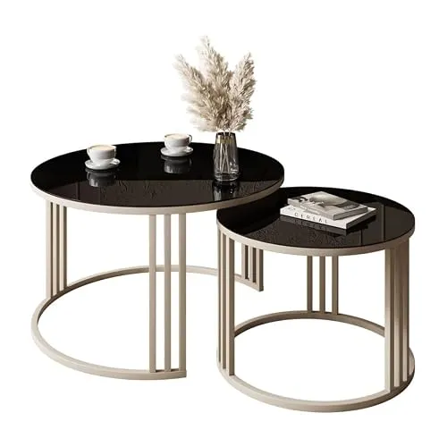 Lookway Couchtisch LORI 2in1 GLASS, elegantes Set mit kaschmirfarbenem Gestell