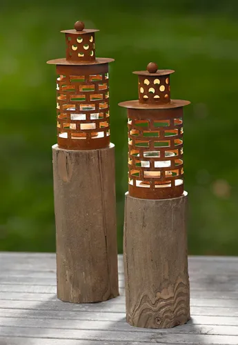 Windlichtsäule Holz + Metall