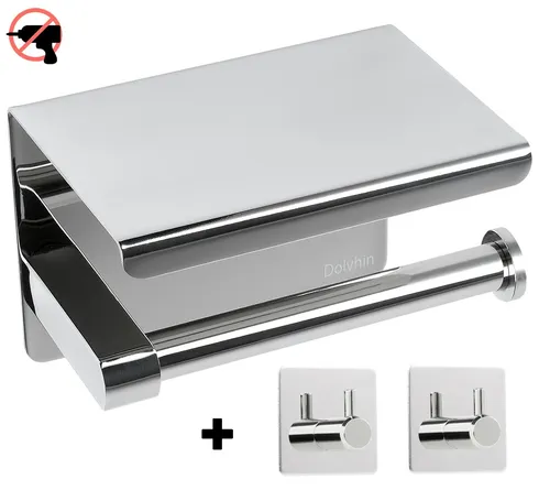 Toilettenpapierhalter ohne Bohren aus Edelstahl mit Ablage - Toilettenpapierhalter & -lagerung, selbstklebend und modern, inklusive 2 Haken für Handtücher – einfache Montage ohne Bohren, ideal für jedes Badezimmer.