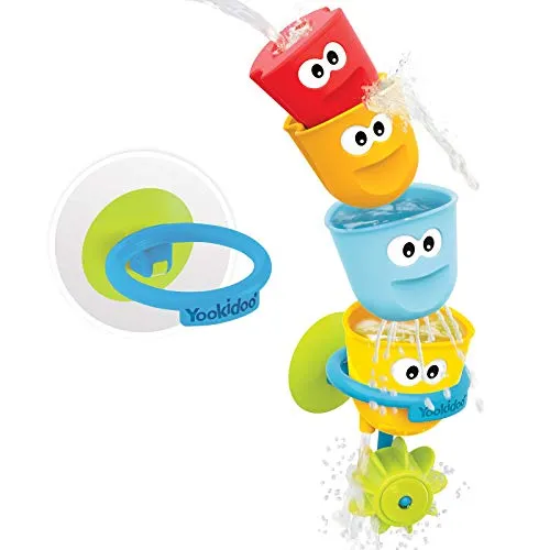 Yookidoo Baby Badespielzeug – Fill ’N’ Spill Stapelbecher Set (4 Stück) mit Saugnapf-Halterung & Wasserrad – Sensorisches Badewannenspielzeug