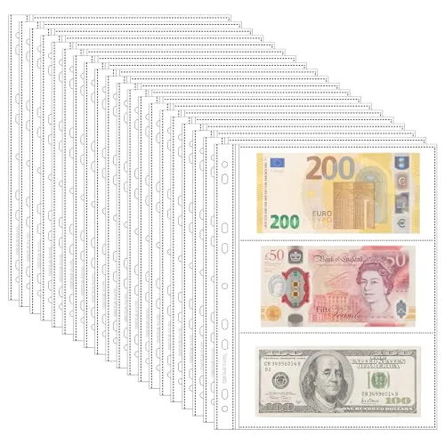 Blatt Währungsseiten zum Sammeln von Papiergeld – 3 Taschen Währungshüllen/Währungshalter Albumseiten zum Sammeln von Papiergeldscheinen und Banknotencoupons IN02020 20