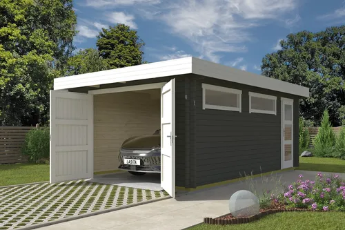 Lasita Garage Pultdach Canberra 44 mm mit Holztor grün - Gartenhäuser & Carports, geräumige Garage mit 18.66 m² Nutzfläche und abschließbarem Holztor für optimale Sicherheit.