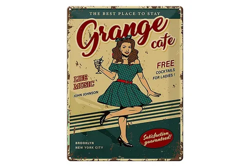 Femer GmbH Metallschild Retro 30x40cm Pinup Grange cafe life music, (1 St), gewölbte Oberfläche, abgerundete Ecken, umgeschlagene Kanten