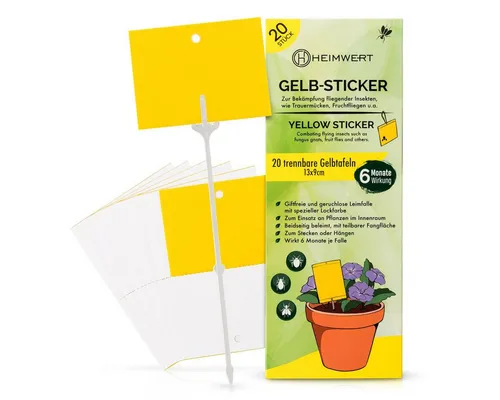HEIMWERT Klebefalle Gelbsticker Gelbtafeln XXL 6 Monate gegen Fruchtfliegen Blattläuse, 6 Monate Langzeit teilbar mit 20 XXL Erdspießen und 20 Bindedrähten