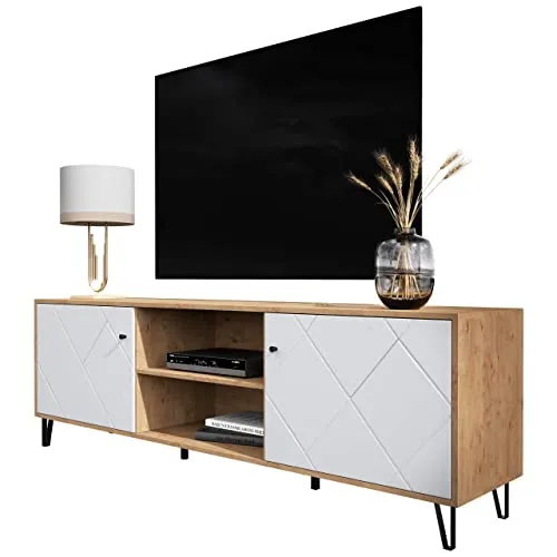 Newroom TV Lowboard Wildeiche Weiß Matt TV Schrank Skandi Modern - 183x56x40 cm (BxHxT) - Fernsehtisch TV Board Rack - [Loya.Five] Wohnzimmer Gästezimmer Büro