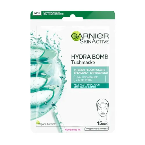 Garnier Hydra Bomb Tuchmaske mit Hyaluronsäure - Gesichtsmasken für alle Hauttypen, spendet intensive Feuchtigkeit und sorgt für einen strahlenden Teint in nur 15 Minuten, mit Aloe Vera für extra Pflege.