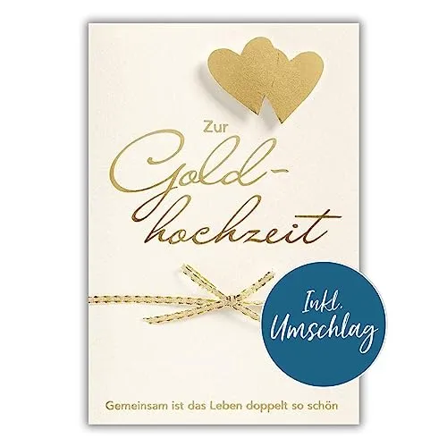 bsb Goldene Hochzeit Karte - liebevolle Geschenke zur goldenen Hochzeit mit Herz-Motiv - Karte mit Umschlag - Hochzeitstag - Karte Goldhochzeit Glückwunsch in 11,5 x 17,0 cm