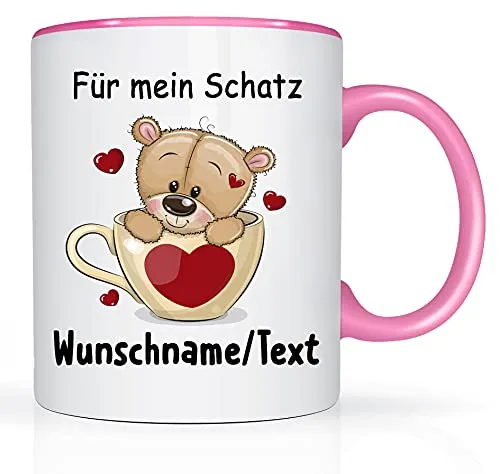 Print-Klex Tasse mit Namen und Für mein Schatz Motiv Bedruckt Namentasse Namensbecher Für mein Schatz Geschenktasse Weiß/Rosa Kaffeebecher Spruchtasse Keramik mit Druck 330ml Tasse mit Text