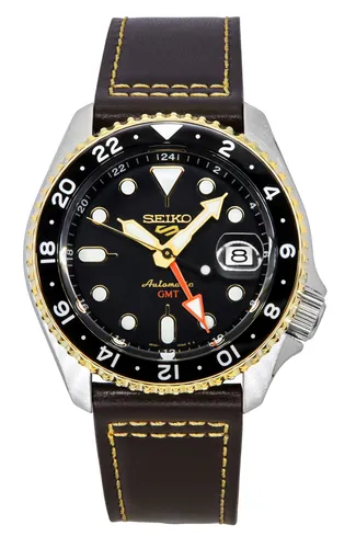 Seiko Automatikuhr SSK036K1 - Stilvolle GMT Herrenuhr - Herrenuhr mit GMT-Funktion, 10 ATM wasserdicht und 41 Stunden Gangreserve. Edelstahlgehäuse und Kalbslederarmband für hohen Tragekomfort und elegante Optik.
