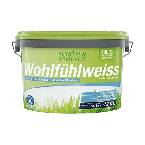 Schöner Wohnen Wohlfühlweiss 2,5 Ltr. - Hochwertige Mineral-Wandfarbe - Farben: Ideal für ein gesundes Raumklima und hervorragende Deckkraft für ein angenehmes Wohnambiente.