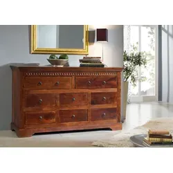 Massivmoebel24 Kommode OXFORD - Akazie 145x49x85 - Schubladenkommoden, stilvolle Akazienkommode in edlem Nougat-Lack, ideal für modernes Wohndesign und optimalen Stauraum.
