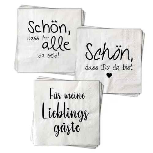 Servietten 60 Stück mit 3 verschiedenen Motiven - Gastfreundschaft - Tischdeko Papierservietten 3er Set mit Spruch - 3-lagig für Taufe Hochzeit Kommunion Konfirmation Fest
