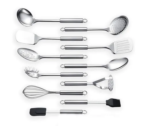 Refined Living Kochbesteck-Set 11-teiliges Edelstahl-Küchengerät Set Küchenhelfer Kochgeschirr (Spar-Set, 11-tlg.Kochzubehör, Küchenhelfer, Bestecksets zum Kochen, Hitzebständig, Langlebig, Hochwertige Konstruktion, küchenutensilien, küchengeräte, 11-tlg., Erhöhen Sie den Standard in Ihrer Küche, Leicht zu reinigen und pflegen), mit Aufhängeösen, Vielseitiges 11-teiliges Set, Silber