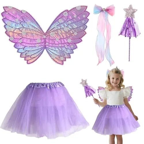 CERCTLA 4 Stück Feenflügel Kostüm Set, Schmetterling Kostüm Kinder Feenflügel, Schmetterlings Flügel Mädchen Prinzessinnenflüge für Geburtstagsfeier, Cosplay, Mottoparty (Lila)