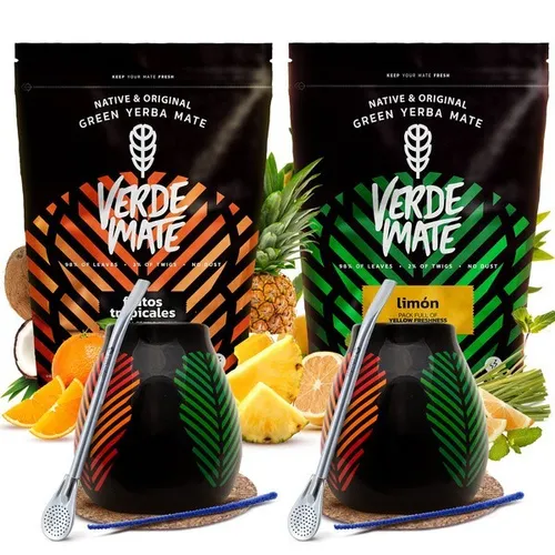 Mate Tee Set für Zwei Verde Mate Grüne Yerba Mate Zitrone 1kg Mate Becher 350ml