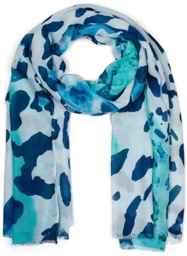 styleBREAKER Damen Schal mit buntem Leoparden Animal Print Muster, Leichtes großes Tuch mit kurzen Fransen 01016225, Farbe:Türkis-Blau