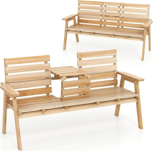 GOPLUS Gartenbank mit klappbarem Tisch – 2-3 Sitzer aus massivem Tannenholz - Praktische Gartenbank mit ausziehbarem Mitteltisch für Snacks und Getränke. Bis zu 320 kg belastbar, ideal für Terrasse oder Garten. Glatte Oberfläche sorgt für Komfort und Sicherheit.