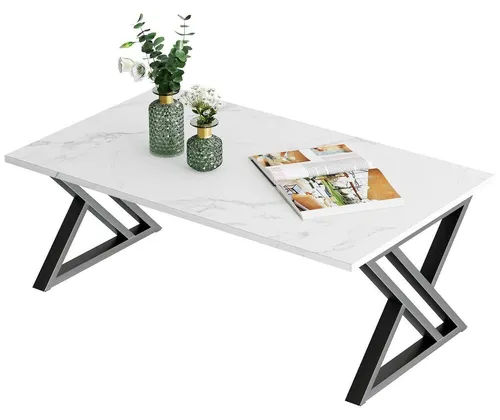 Couchtisch Holz X-Streben Weiß Marmor Optik Schwarz Metallgestell