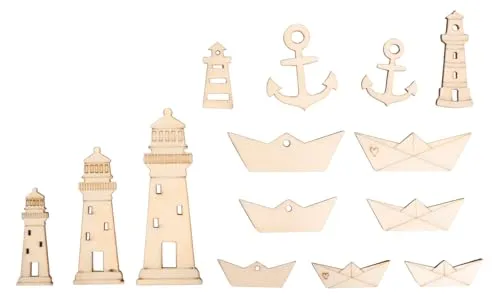 Rayher Streuteile Boote, Leuchtturm & Co, Holzstreuteile, FSC zertifiziert, natur, 1,5 – 9 cm, Btl. 14 Stück, perfekt für maritime Dekorationen, Tischdeko, Tischstreuer, 64667505