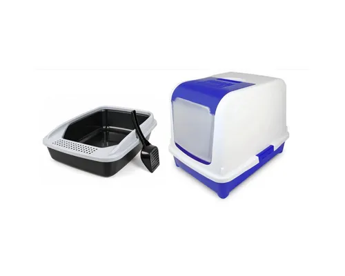 COFI 1453 Katzentoilette 2er-Set- schwarz-graue Schalentoilette und weiß-blaue Haubentoilette, Offene Siebschale und große Haubentoilette mit Klappfront