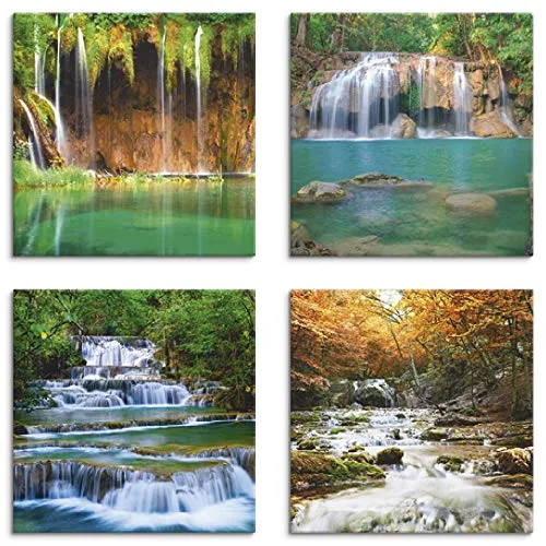 ARTLAND Wanddeko Leinwand Bilder Natur Set 4 tlg. je 30x30 cm Quadratisch Wandbilder Landschaft Gewässer Wasserfall Wald J5FV