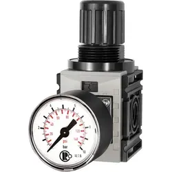 Druckregler FUTURA-mini mit Standardmanometer - Druckluftzubehör mit arretierbarem Regelknopf und hervorragenden Durchflusswerten, ideal für die Versorgung mehrerer Arbeitsluftkreise.