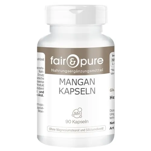 Fair & Pure Mangan hochdosiert, 90 Kapseln, 4mg aus Mangangluconat, Nahrungsergänzungsmittel vegan ohne Magnesiumstearat, in Deutschland hergestellt